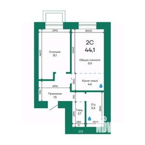 2-к квартира, строящийся дом, 44м2, 1/10 этаж