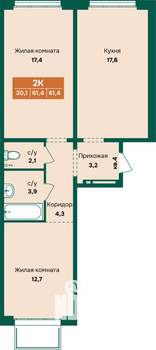2-к квартира, вторичка, 61м2, 1/12 этаж