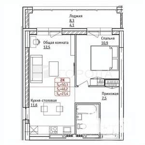 2-к квартира, вторичка, 50м2, 11/16 этаж