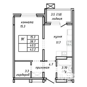 1-к квартира, строящийся дом, 41м2, 3/15 этаж