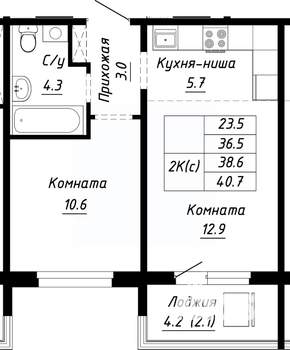 2-к квартира, строящийся дом, 39м2, 10/10 этаж