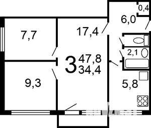 3-к квартира, вторичка, 47м2, 5/5 этаж
