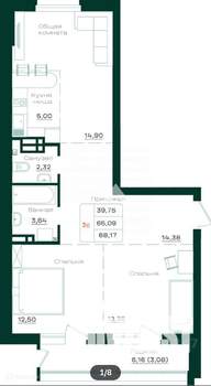 3-к квартира, вторичка, 68м2, 2/20 этаж