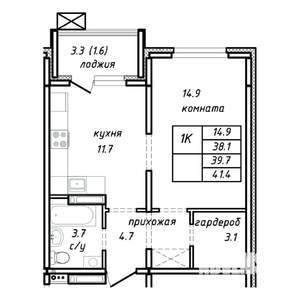 1-к квартира, строящийся дом, 40м2, 3/15 этаж