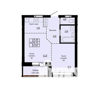 2-к квартира, строящийся дом, 42м2, 9/9 этаж