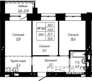 3-к квартира, строящийся дом, 52м2, 15/16 этаж