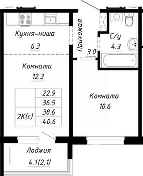 2-к квартира, строящийся дом, 39м2, 5/10 этаж