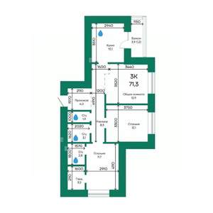 3-к квартира, строящийся дом, 71м2, 2/10 этаж