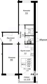 3-к квартира, строящийся дом, 70м2, 1/10 этаж