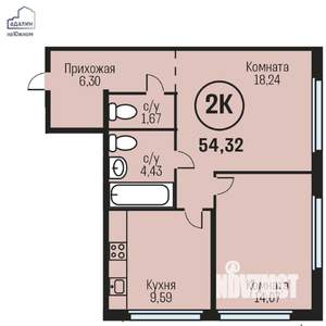 2-к квартира, строящийся дом, 54м2, 23/24 этаж