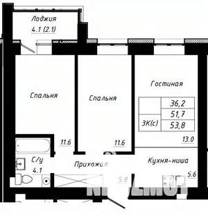 3-к квартира, строящийся дом, 54м2, 7/10 этаж