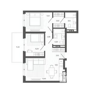 3-к квартира, строящийся дом, 63м2, 7/9 этаж