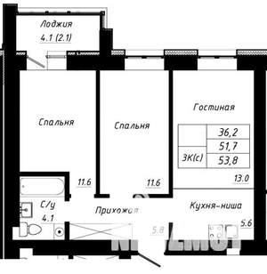 3-к квартира, строящийся дом, 54м2, 3/10 этаж