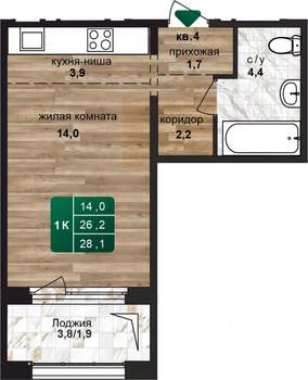 1-к квартира, строящийся дом, 28м2, 16/24 этаж