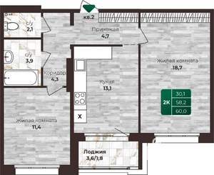 2-к квартира, строящийся дом, 60м2, 4/16 этаж