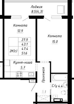 2-к квартира, строящийся дом, 47м2, 5/10 этаж