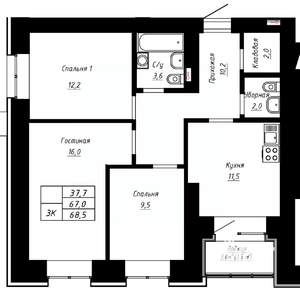 3-к квартира, строящийся дом, 69м2, 2/16 этаж