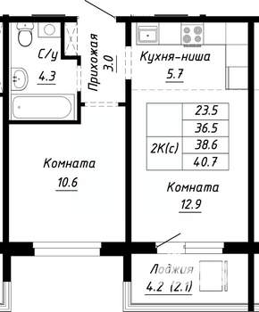 2-к квартира, строящийся дом, 39м2, 9/10 этаж