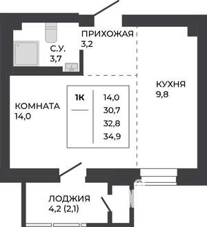 1-к квартира, строящийся дом, 33м2, 16/21 этаж