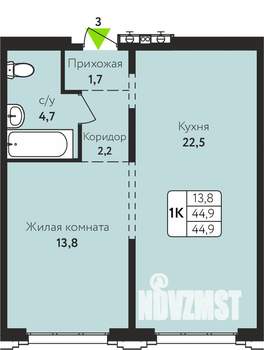 1-к квартира, строящийся дом, 45м2, 4/17 этаж