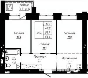 3-к квартира, строящийся дом, 52м2, 6/16 этаж