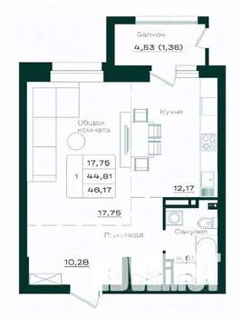 1-к квартира, вторичка, 46м2, 4/18 этаж