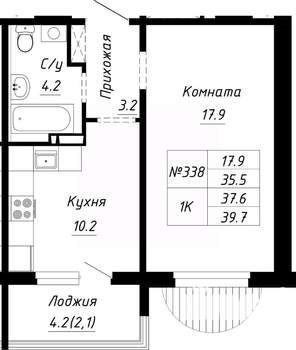 1-к квартира, строящийся дом, 38м2, 2/10 этаж