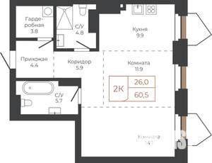 2-к квартира, строящийся дом, 61м2, 9/27 этаж