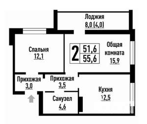 2-к квартира, сданный дом, 55м2, 15/16 этаж