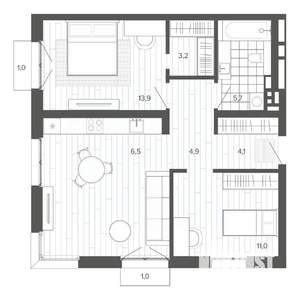 3-к квартира, строящийся дом, 67м2, 4/9 этаж