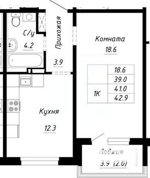 1-к квартира, строящийся дом, 41м2, 8/10 этаж