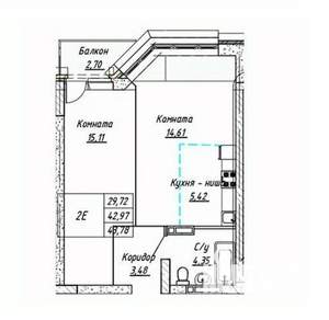 2-к квартира, строящийся дом, 44м2, 14/16 этаж