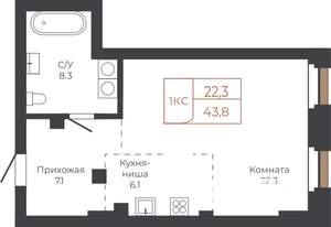 1-к квартира, строящийся дом, 44м2, 6/27 этаж
