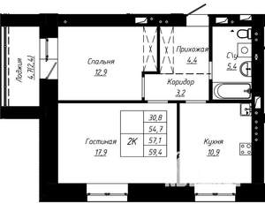2-к квартира, строящийся дом, 57м2, 4/9 этаж