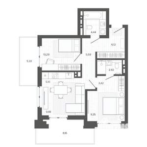 2-к квартира, строящийся дом, 70м2, 7/9 этаж
