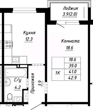 1-к квартира, строящийся дом, 41м2, 8/10 этаж