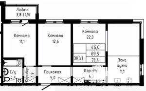 3-к квартира, строящийся дом, 71м2, 12/17 этаж