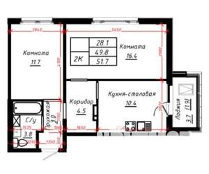 2-к квартира, вторичка, 52м2, 7/10 этаж