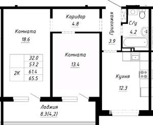 2-к квартира, строящийся дом, 61м2, 3/10 этаж