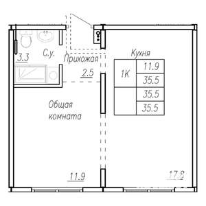 1-к квартира, строящийся дом, 36м2, 2/17 этаж