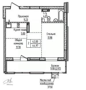2-к квартира, вторичка, 42м2, 11/16 этаж