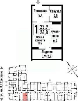1-к квартира, строящийся дом, 26м2, 8/16 этаж