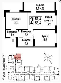 2-к квартира, сданный дом, 55м2, 15/16 этаж