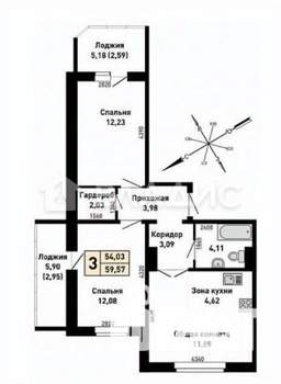 3-к квартира, вторичка, 54м2, 9/10 этаж