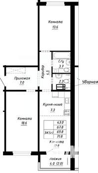 3-к квартира, строящийся дом, 70м2, 5/10 этаж