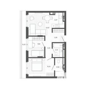 3-к квартира, строящийся дом, 56м2, 8/9 этаж